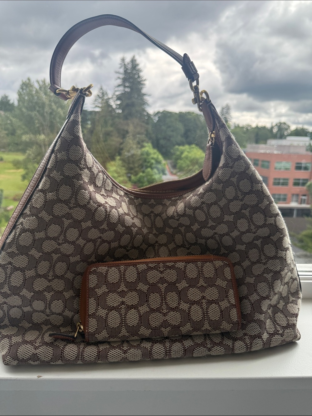 Coach Brown Signature Canvas Shoulder Bag with Leather Trim and Matching Wallet